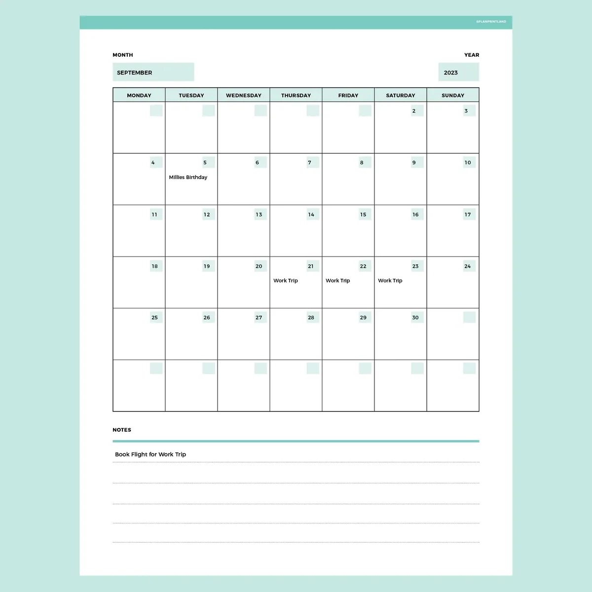 One Month Printable Calendar