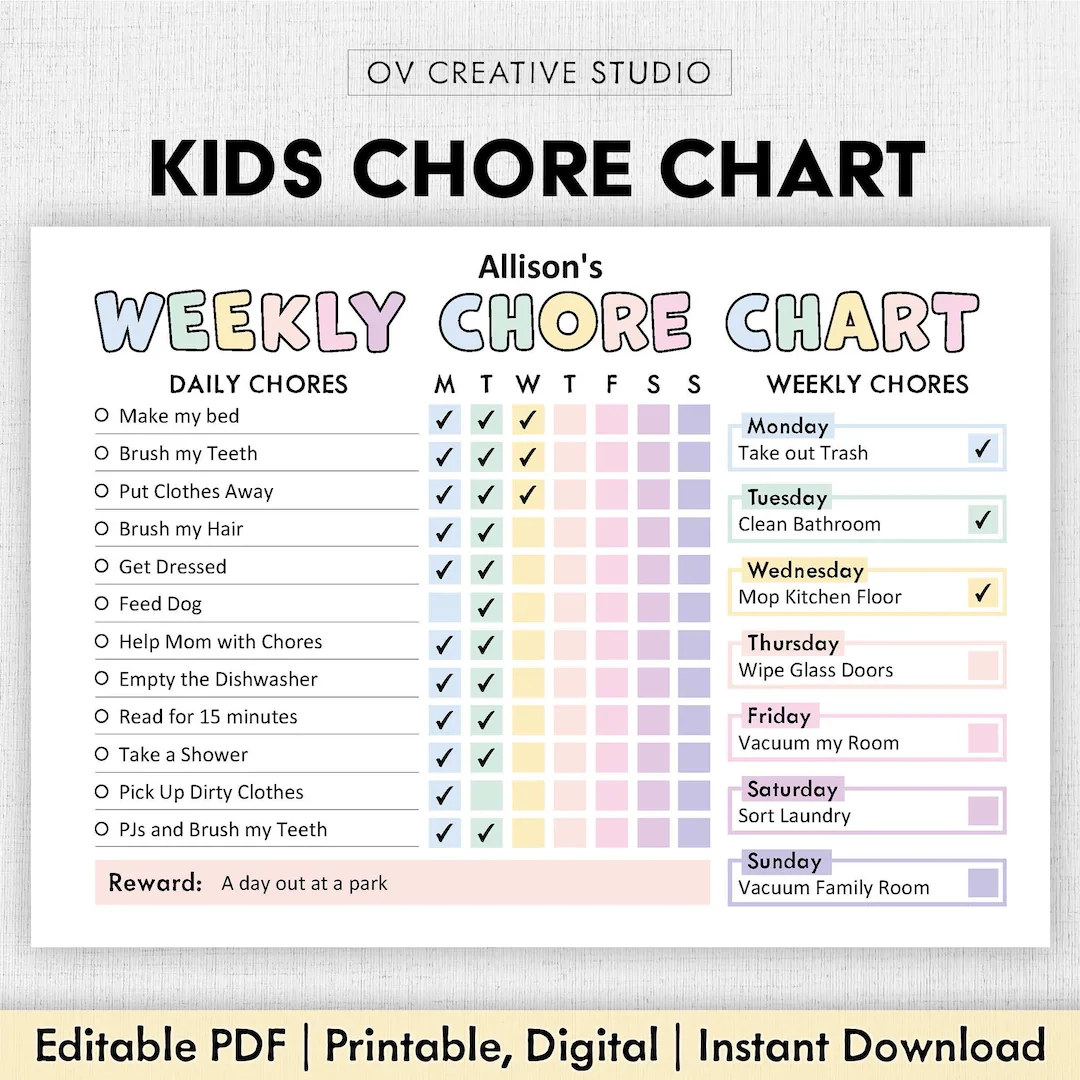 Editable Chore Chart For Kids Printable Kids Daily Weekly Responsibility Chart Kids Chore List Kids Daily Routine Checklist PDF Etsy