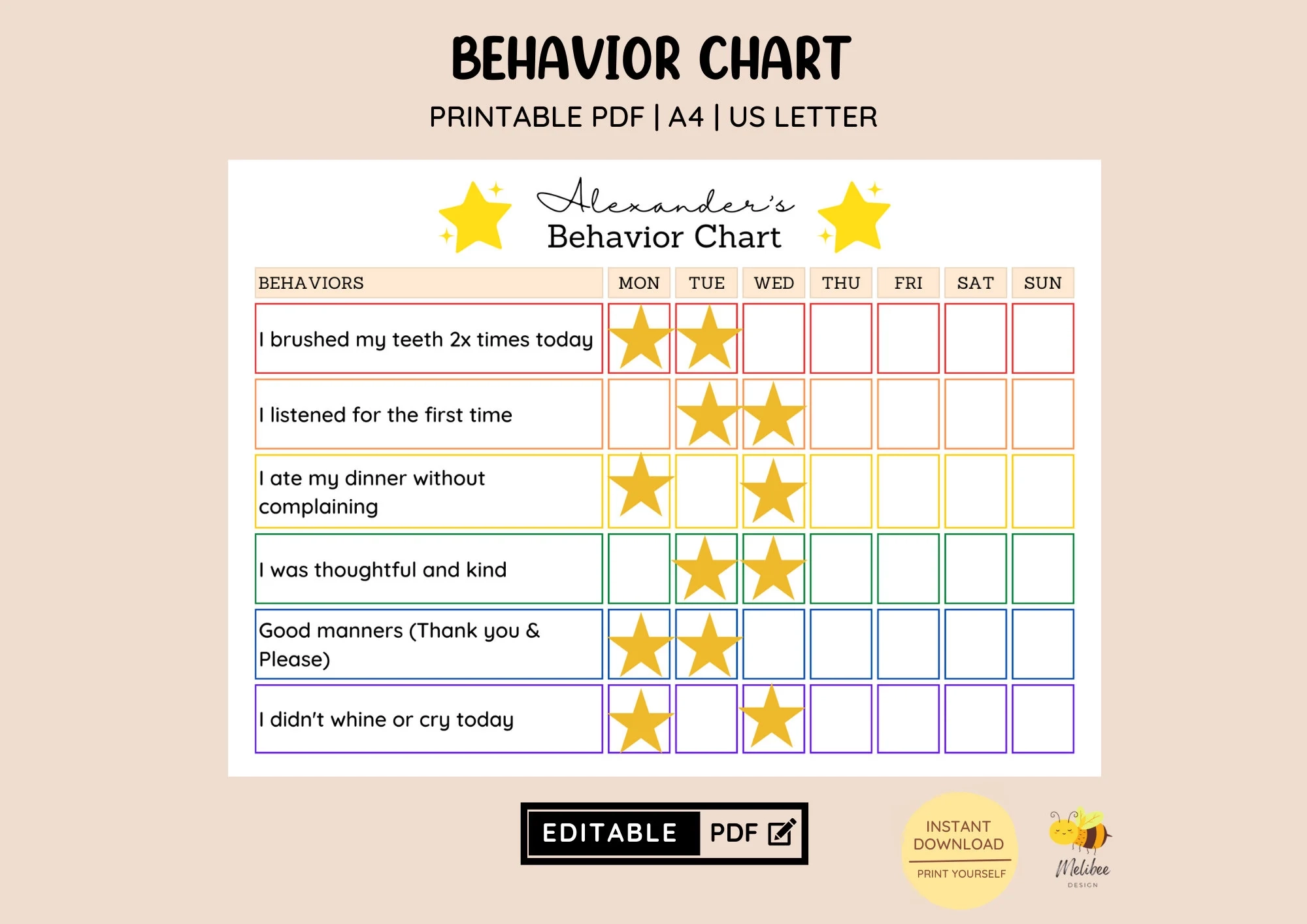 EDITABLE Kid s Behavior Chart Printable Chart Sticker Chart 