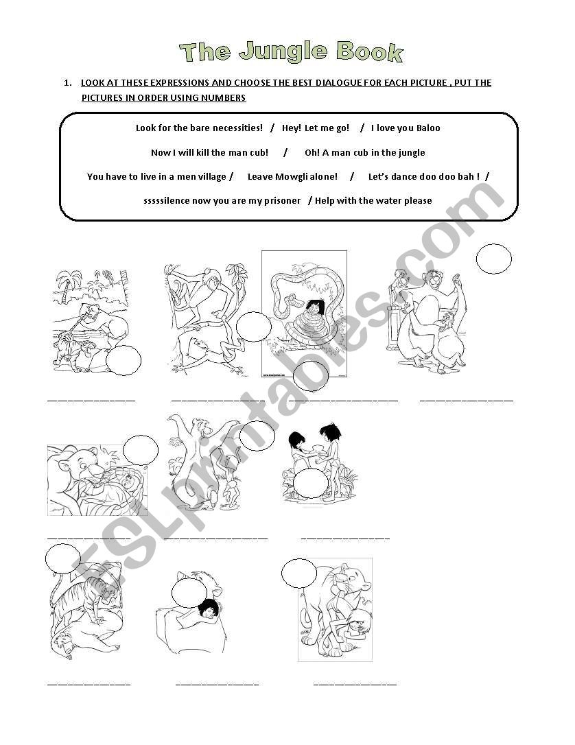 English Worksheets Jungle Book Match The Dialogues With The Pictures