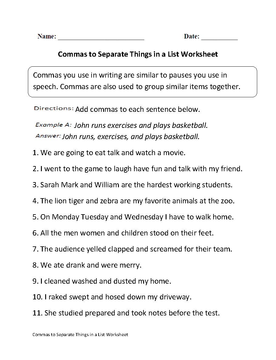 Free Printable Comma Worksheets