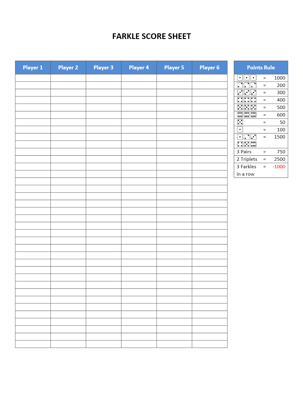 Printable Farkle Score Sheet Free