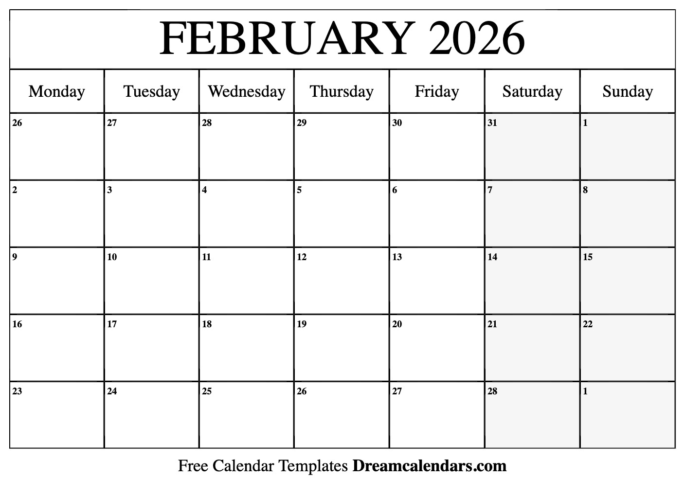 Calendar Feb 2026 Printable