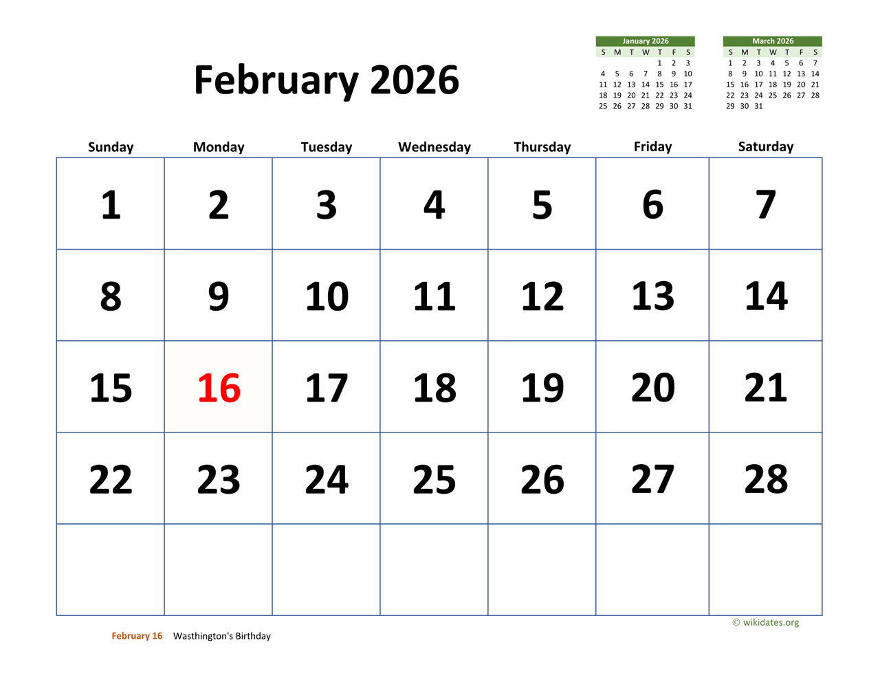Calendar Feb 2026 Printable
