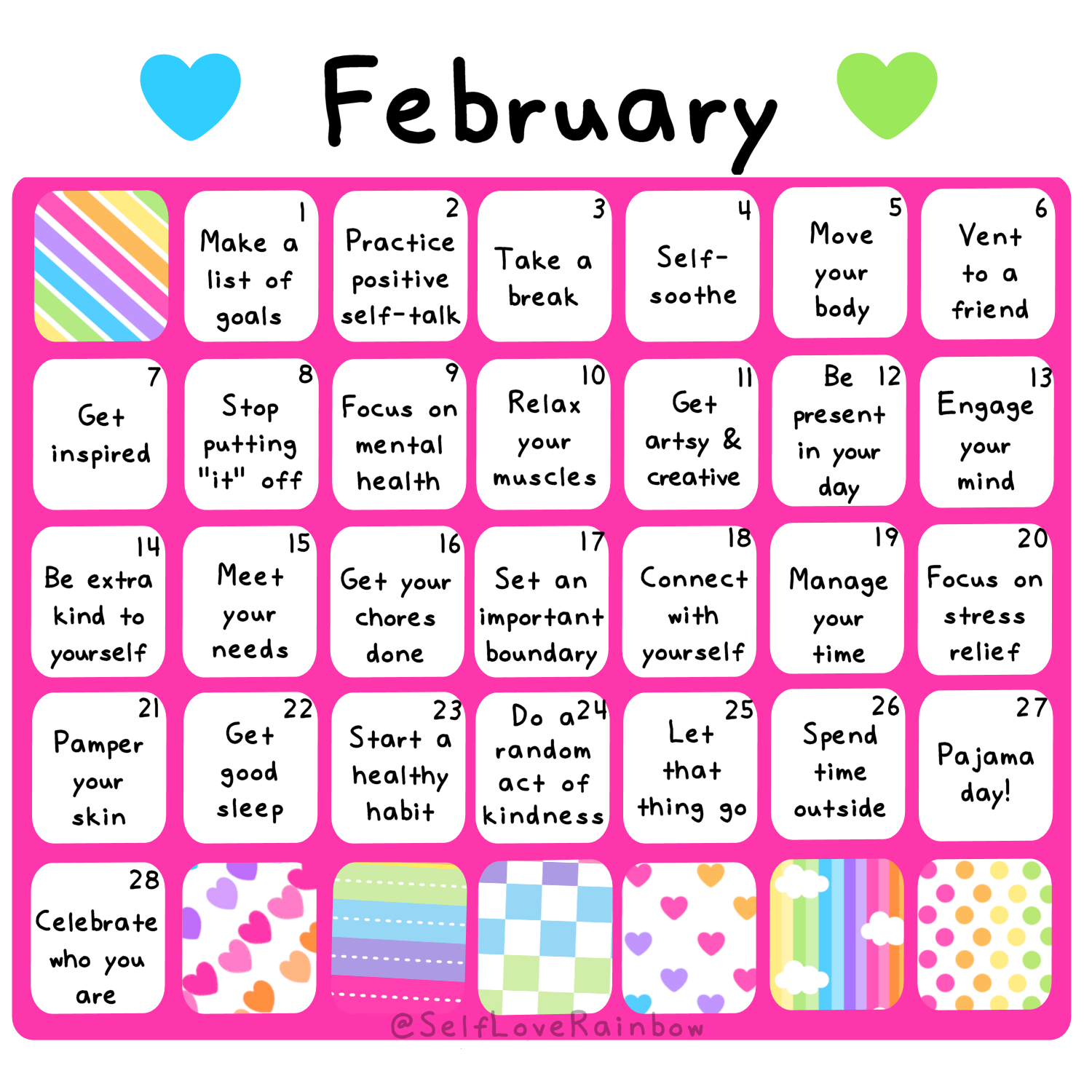 February Self Care Calendar Free Download Self Love Rainbow