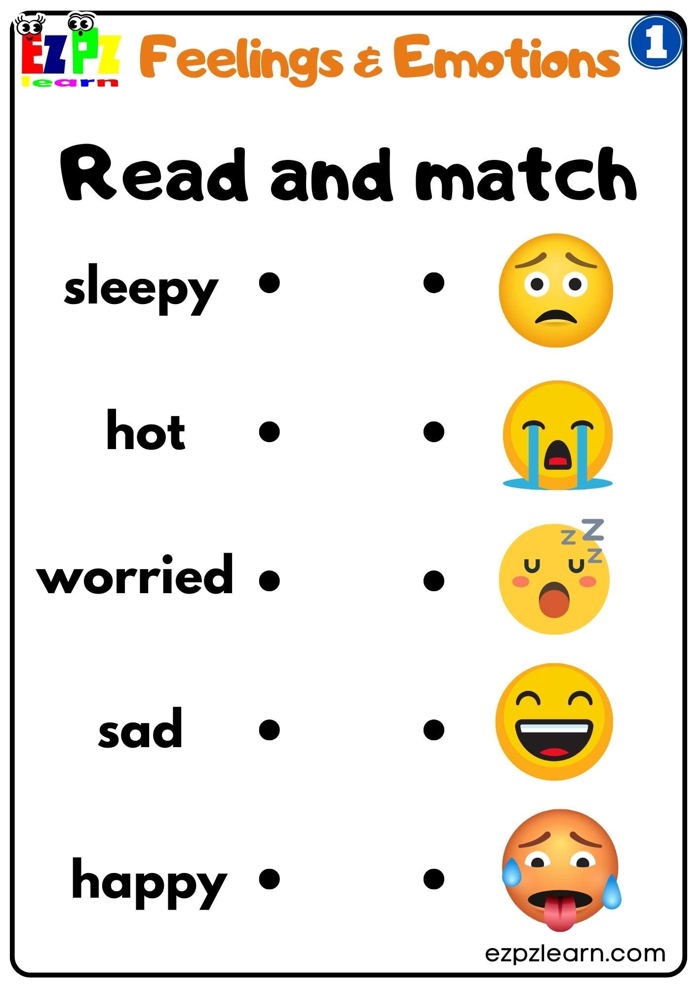 Feelings And Emotions Read And Match Worksheet For Children And ESL Students Free PDF Download Ezpzlearn