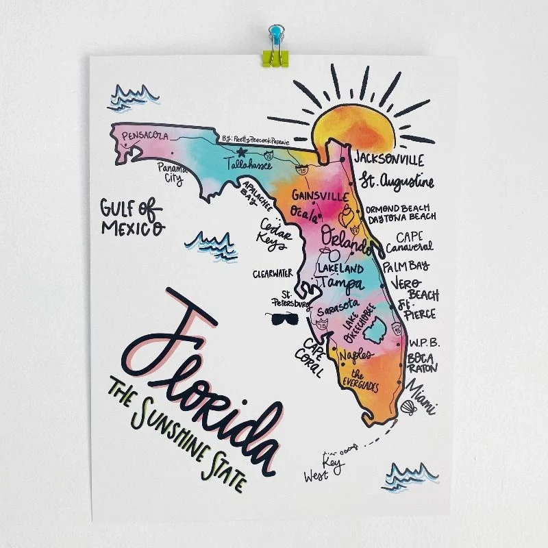Florida Map LARGE 11x14 Print PrettyPeacockPaperie