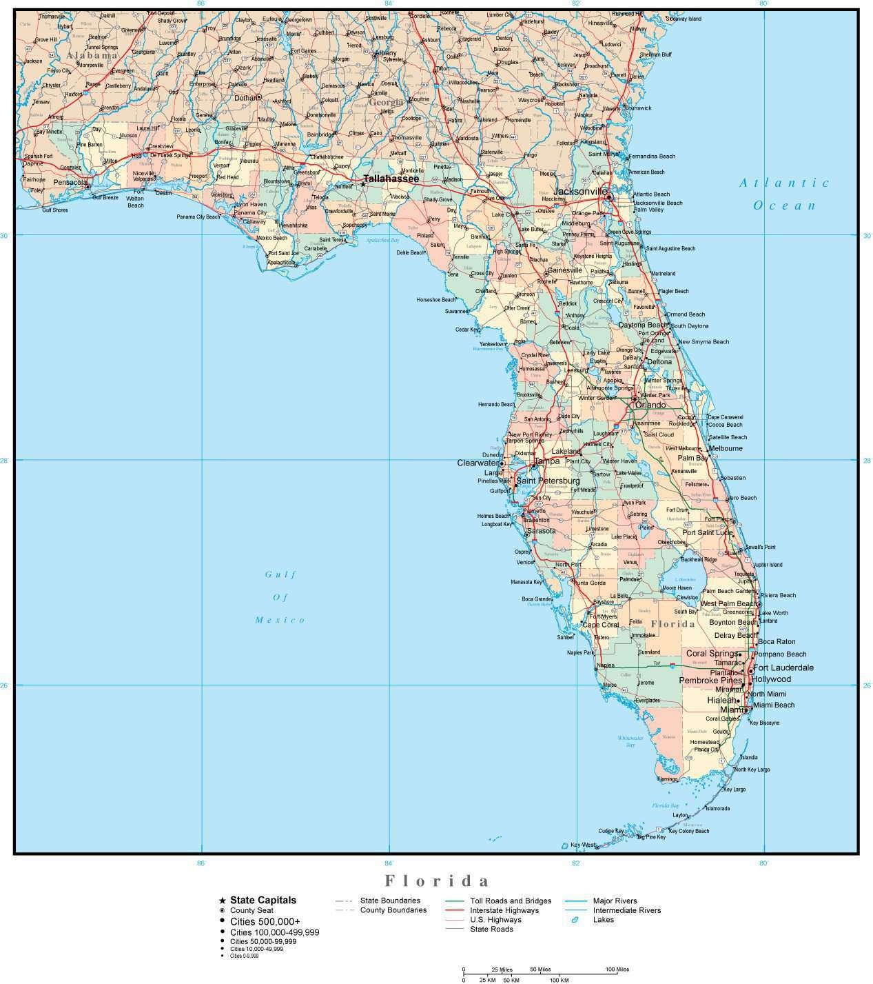 Florida Map With Counties Cities County Seats Major Roads Rivers And Lakes