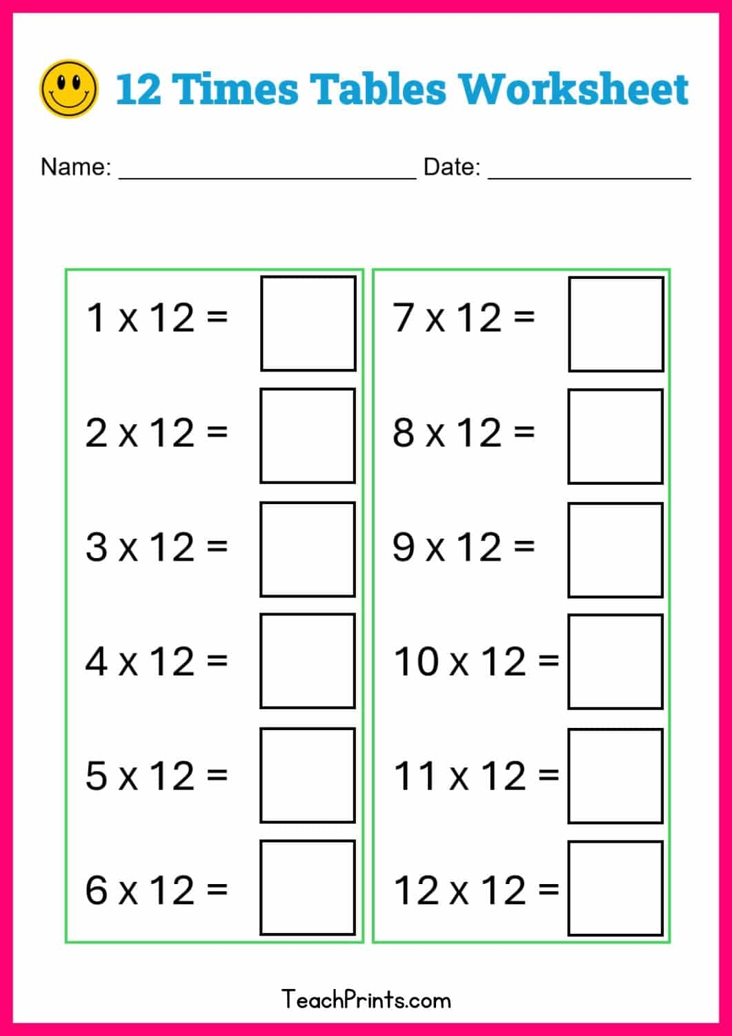 Free 12 Times Tables Worksheets 8 Versions Teach Prints