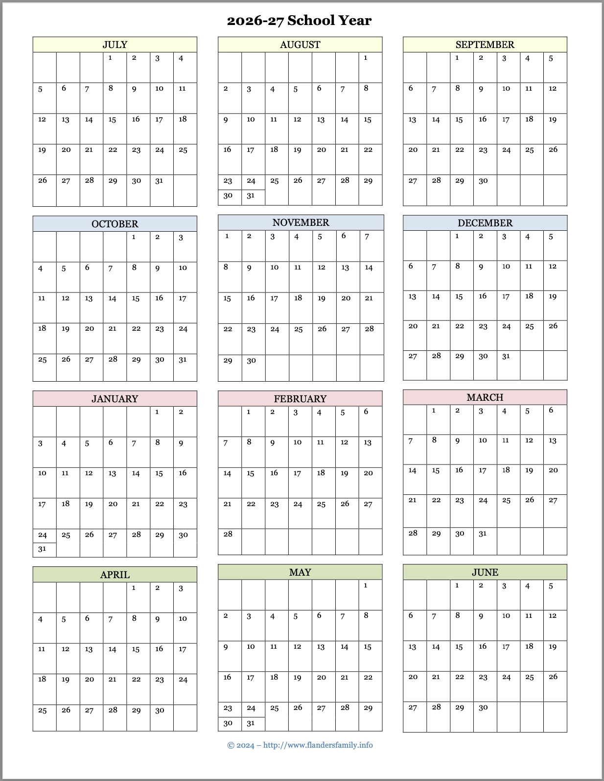 2026 Academic Calendar Printable
