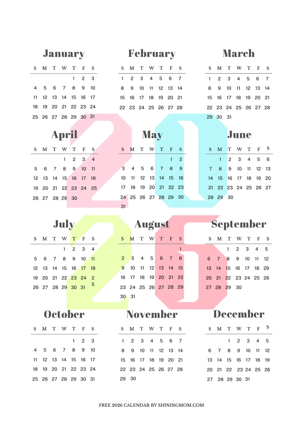 Free 2026 Yearly Calendar Printables Best One Page Templates 