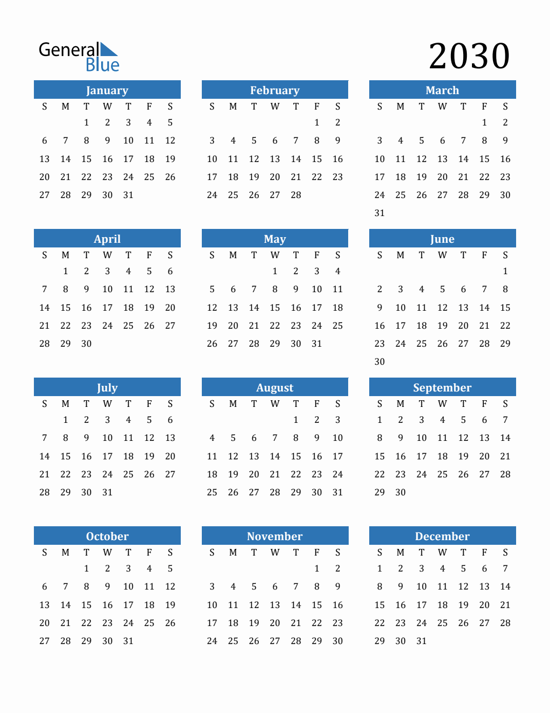 Free 2030 Calendars In PDF Word Excel