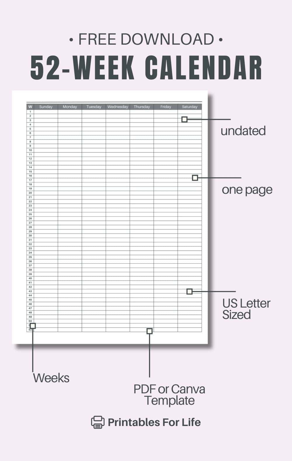Free 52 Week Calendar Printable PDF