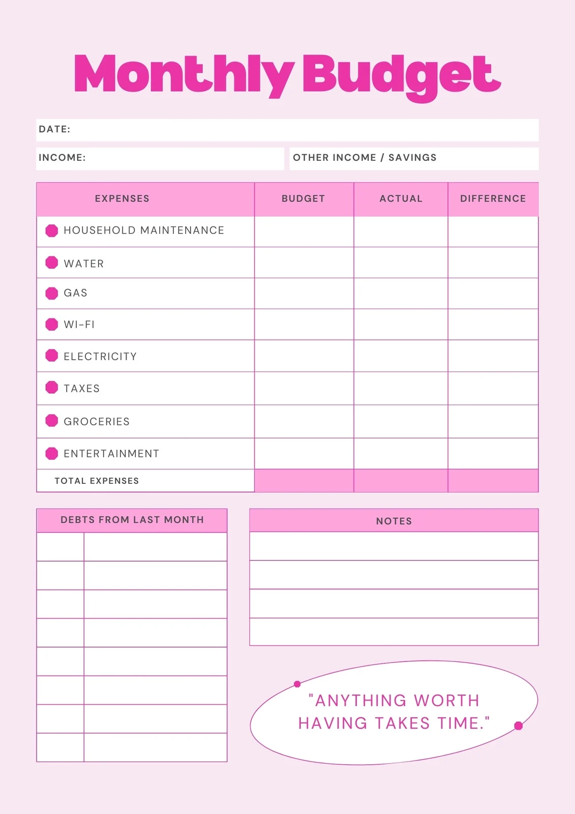 Easy Printable Budget Worksheet
