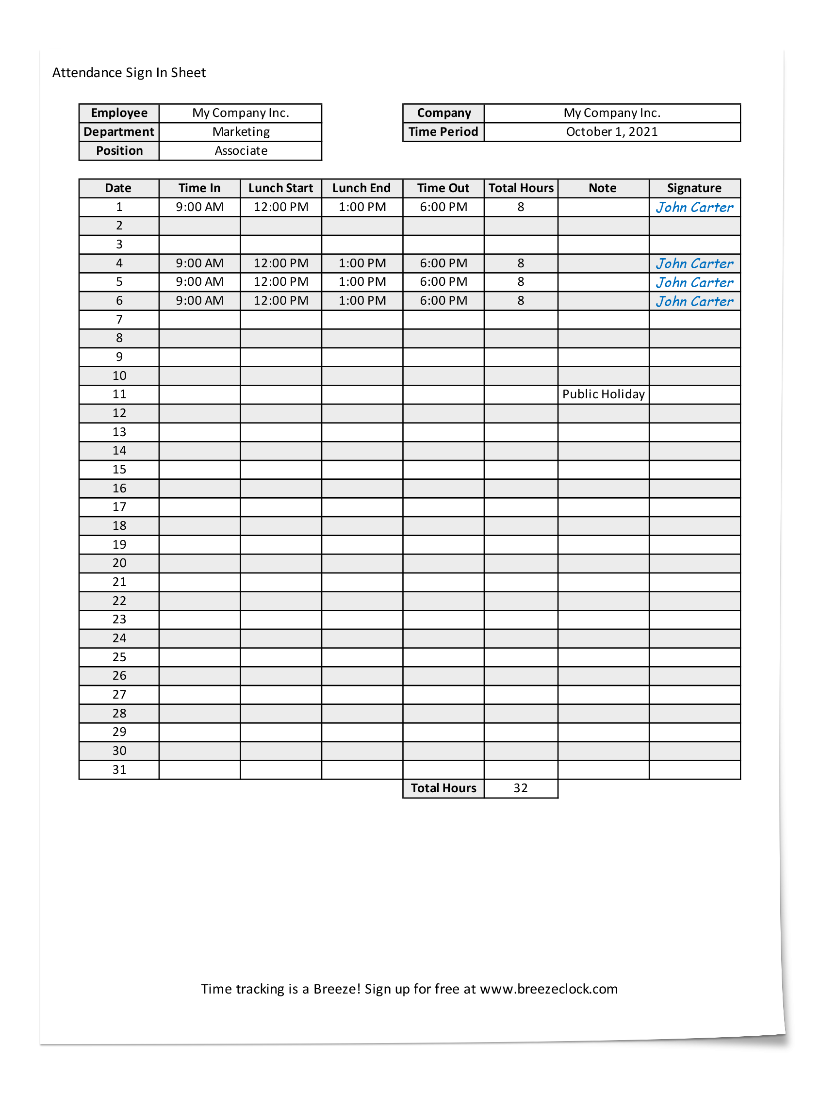 Employee Attendance Sheet Printable