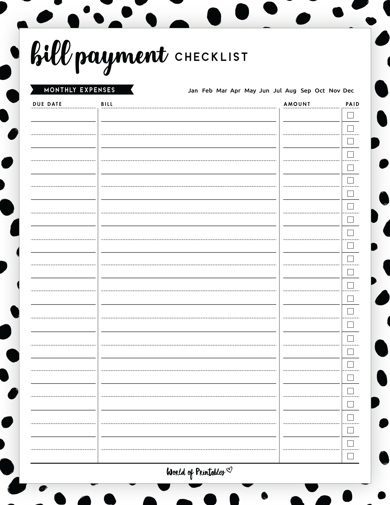 Free Bill Payment Checklist PDF World Of Printables Free Bill Payment Checklist PDF World Of Printables