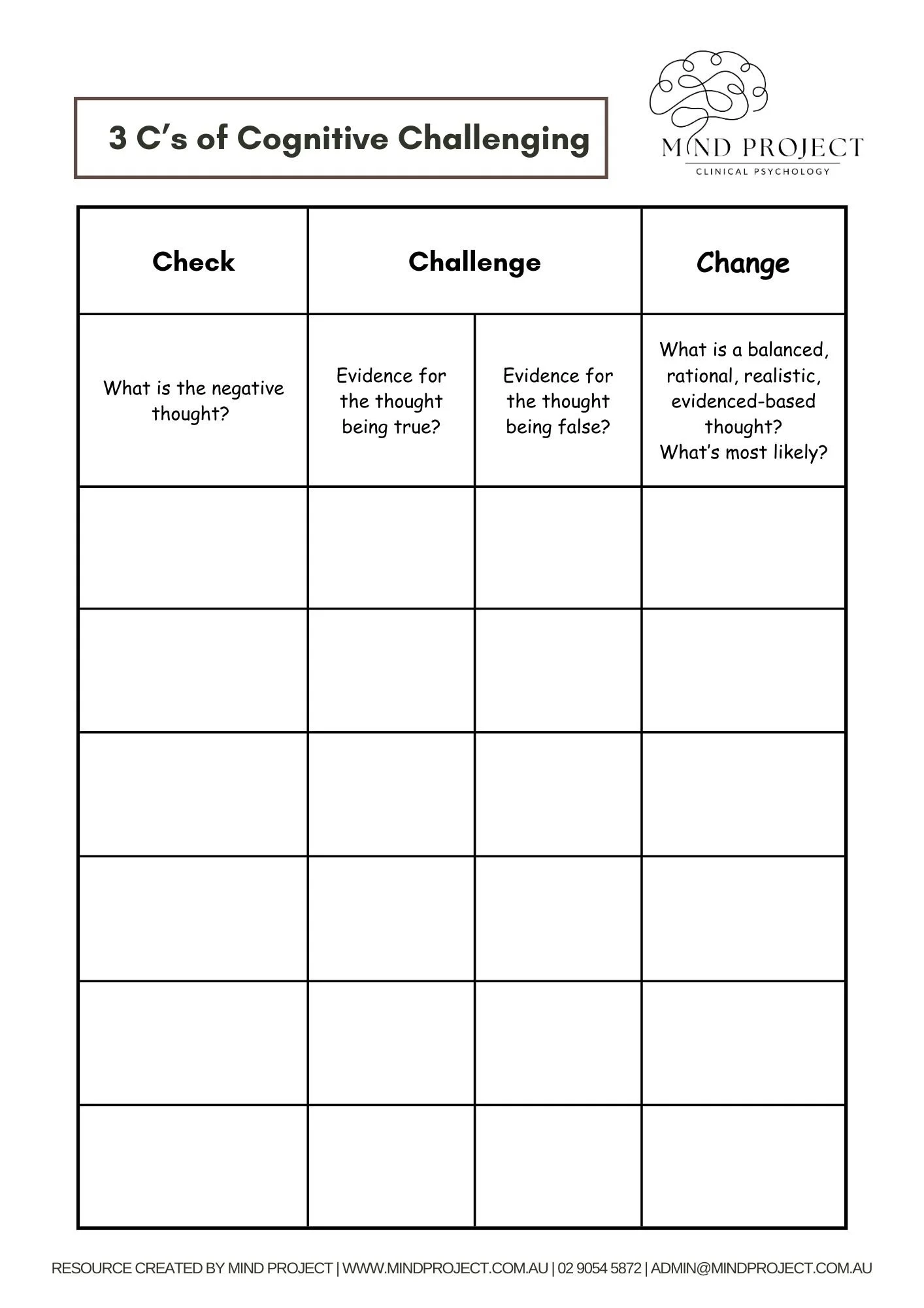 Free CBT Worksheets Cognitive Behavioural Therapy Resources Mind Project Clinical Psychology Kogarah