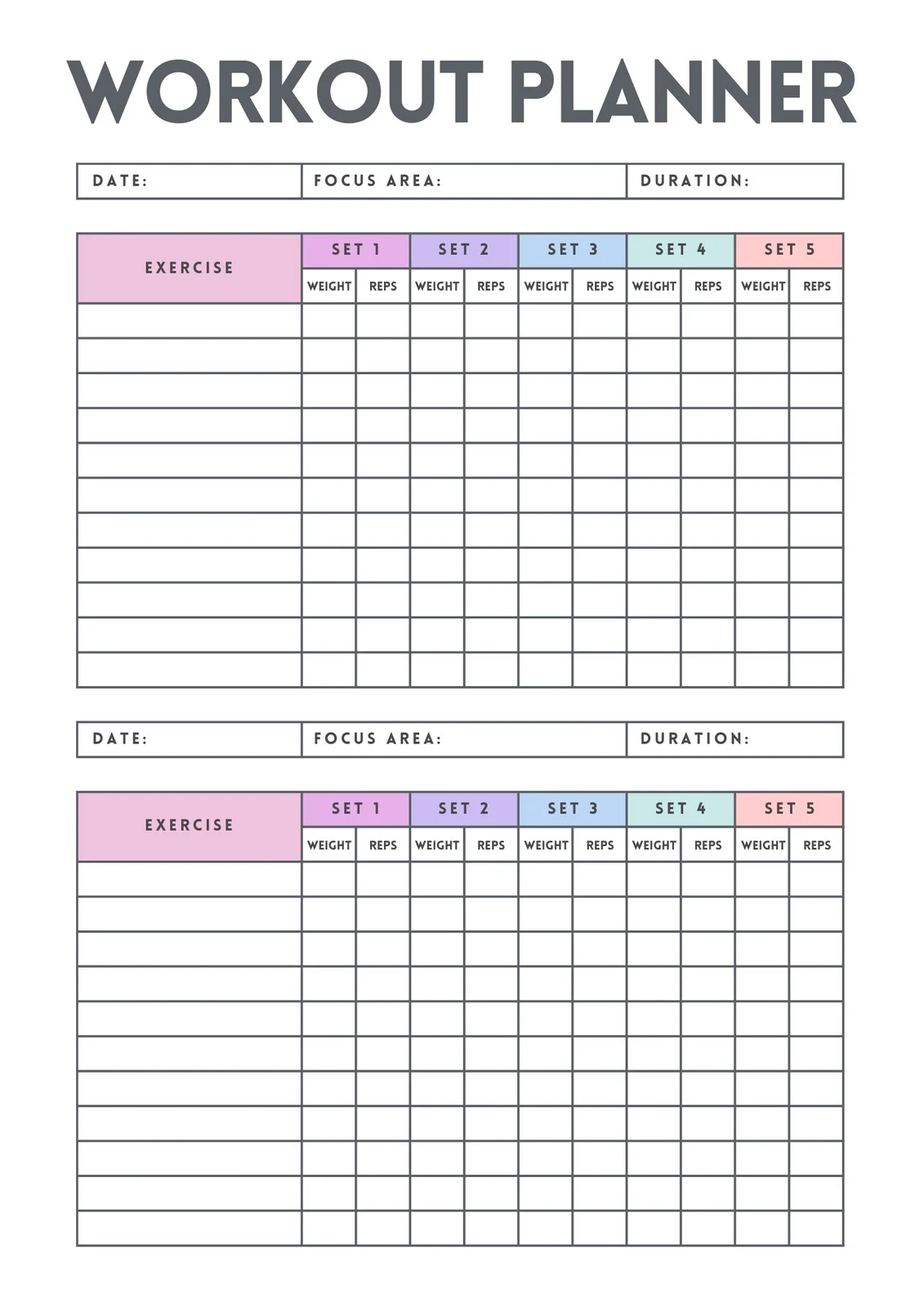 Fitness Printable Worksheets