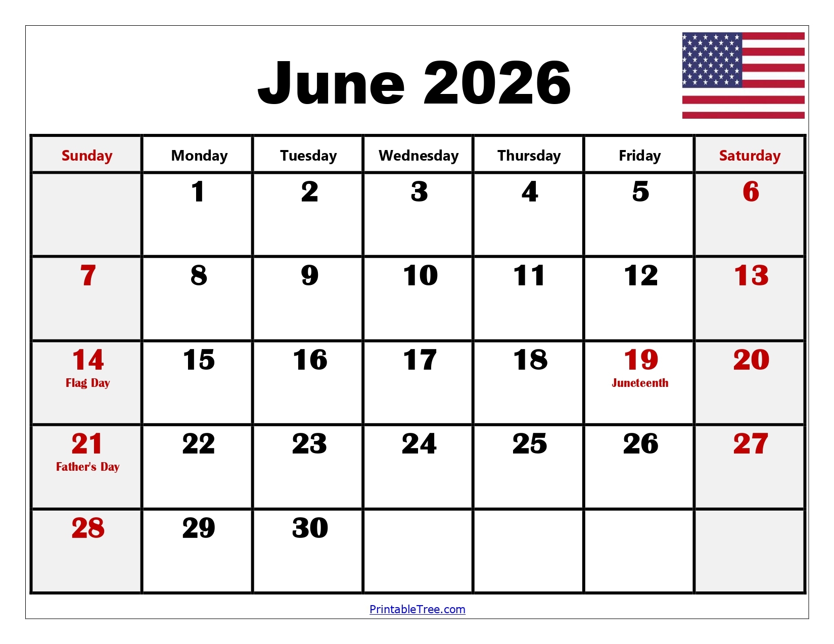 Printable Calendar June 2026