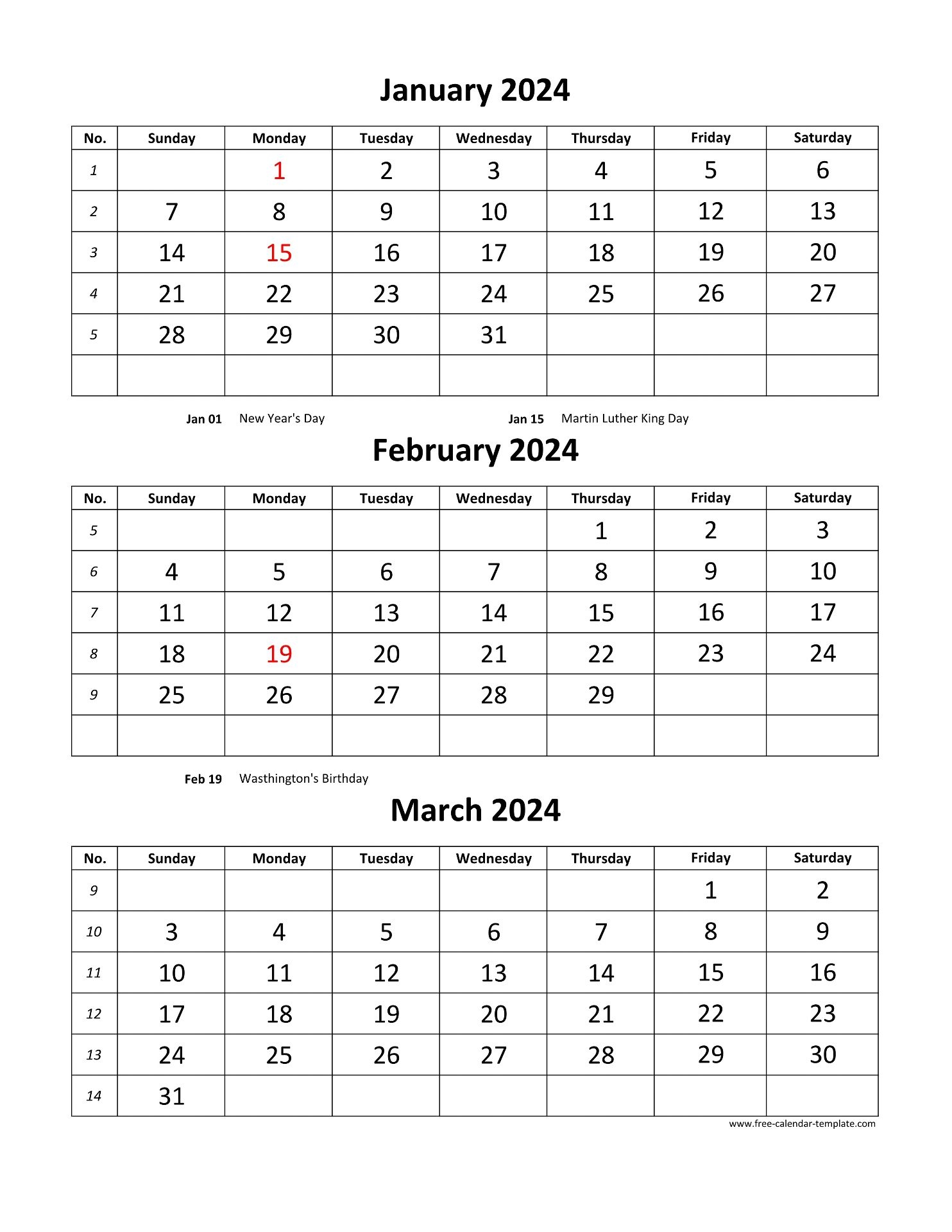 Free Monthly Calendar 2024 3 Months Per Page vertical Free calendar Template