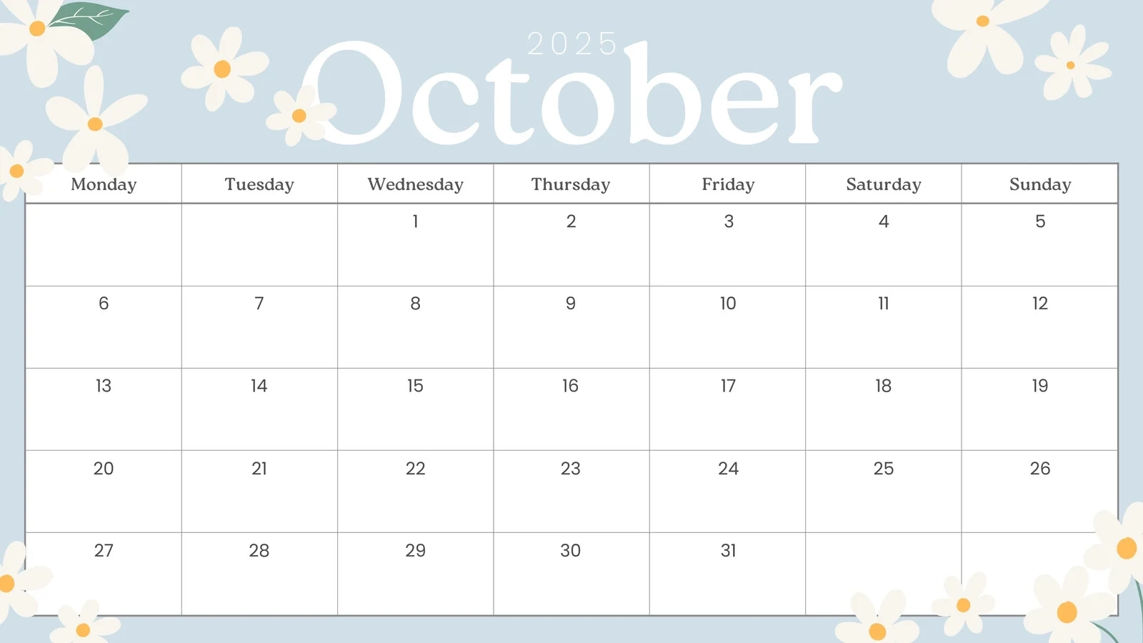 October Printable Calendar Free