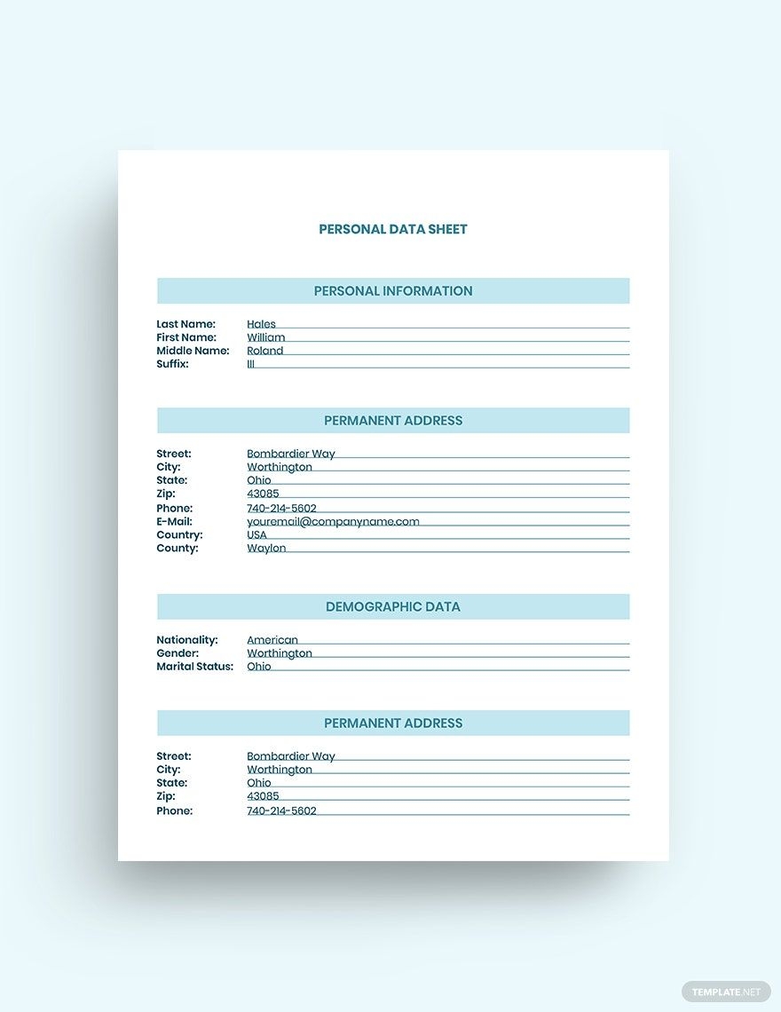 Free Personal Datasheet Template In Publisher Word Pages PSD Download Template