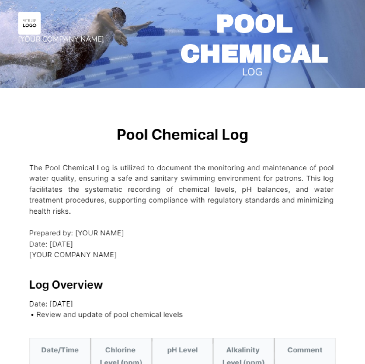 Printable Pool Chemical Log Sheet