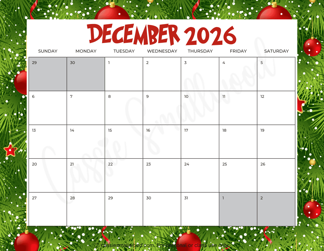 Printable December Calendar 2026