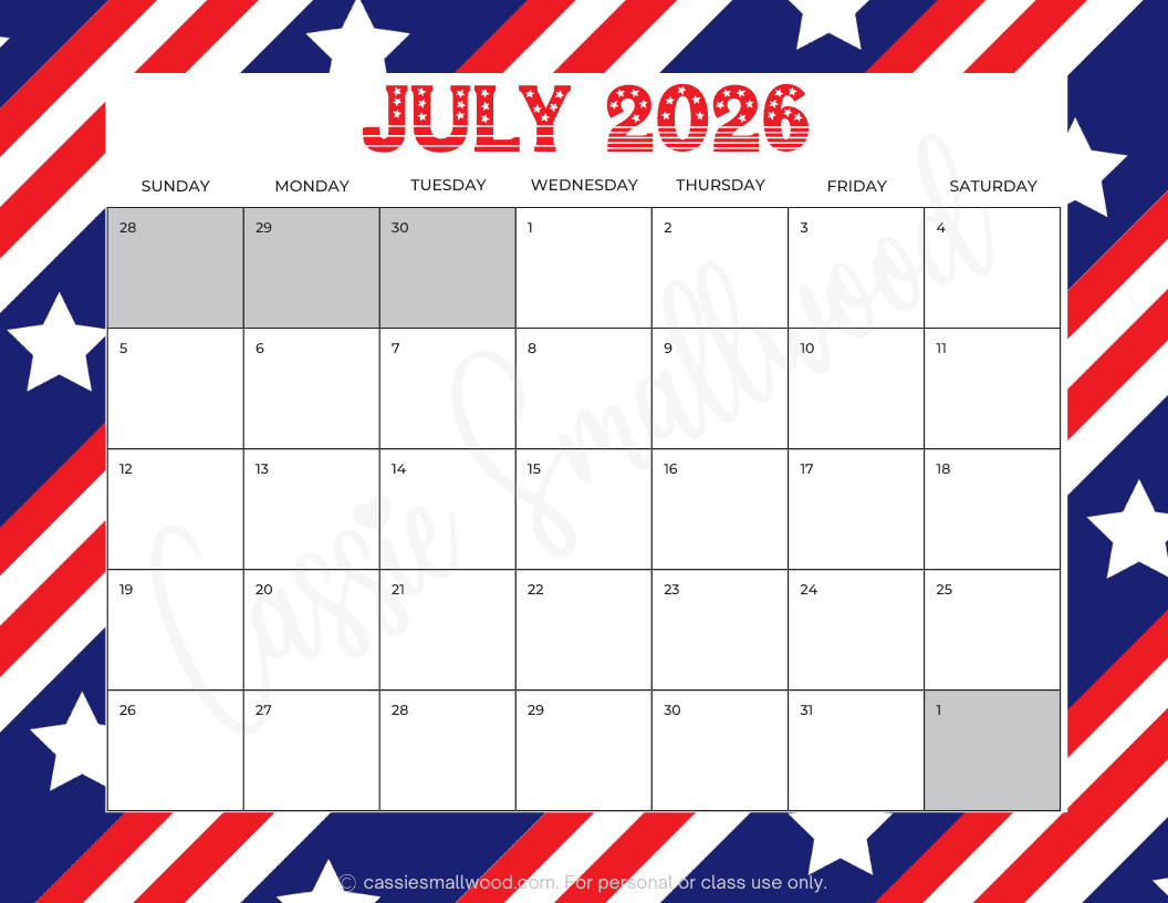 FREE PRINTABLE 2026 JULY CALENDAR Cassie Smallwood
