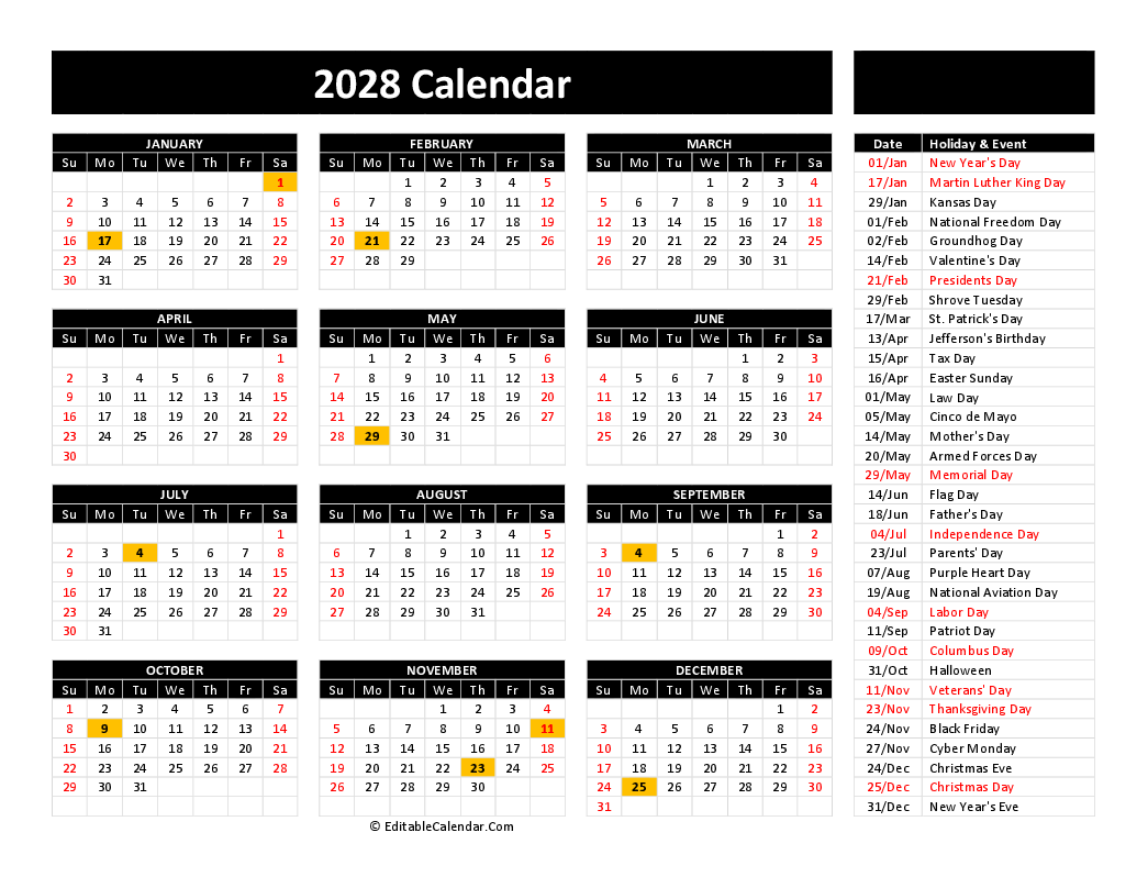 Printable Calendar 2028 Printable Calendar 2028