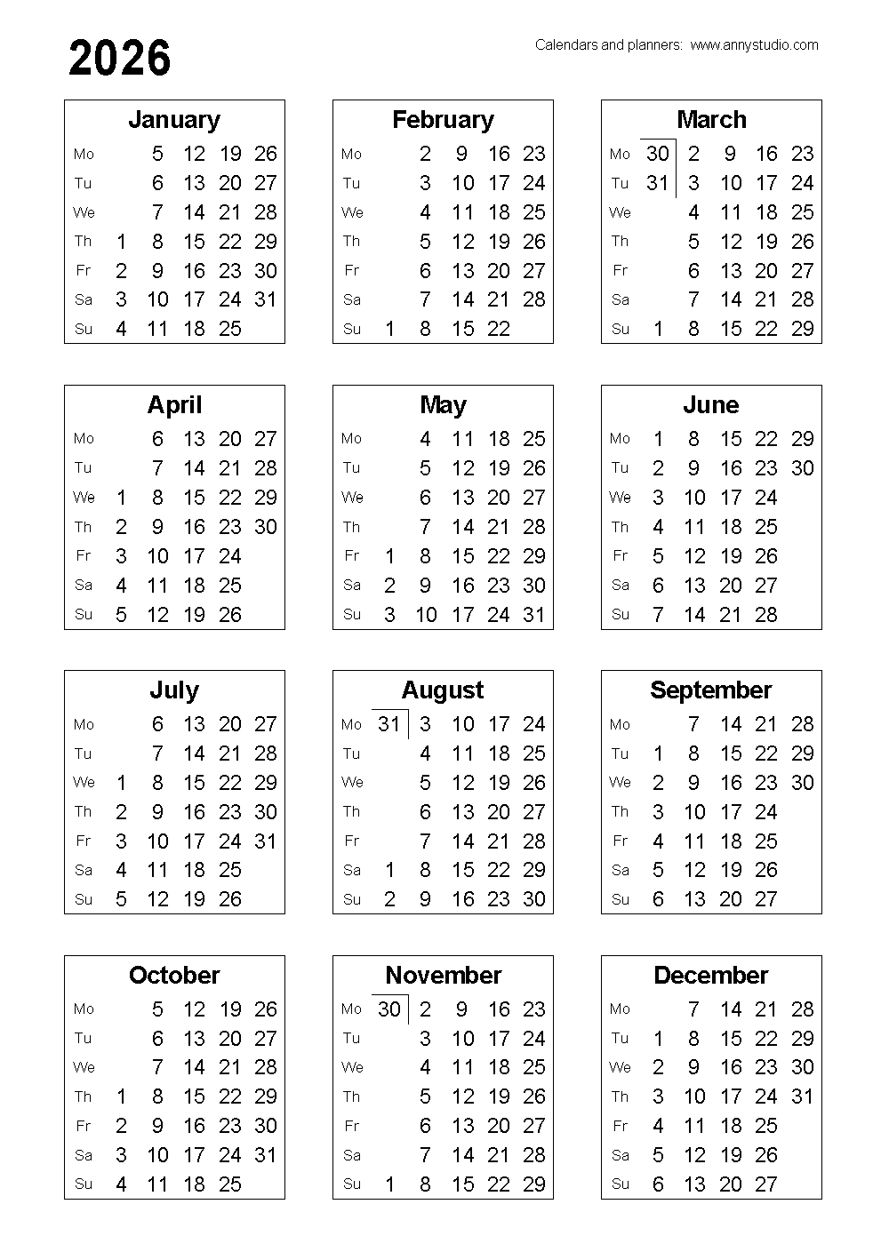 2026 Vertical Calendar Printable Free Download