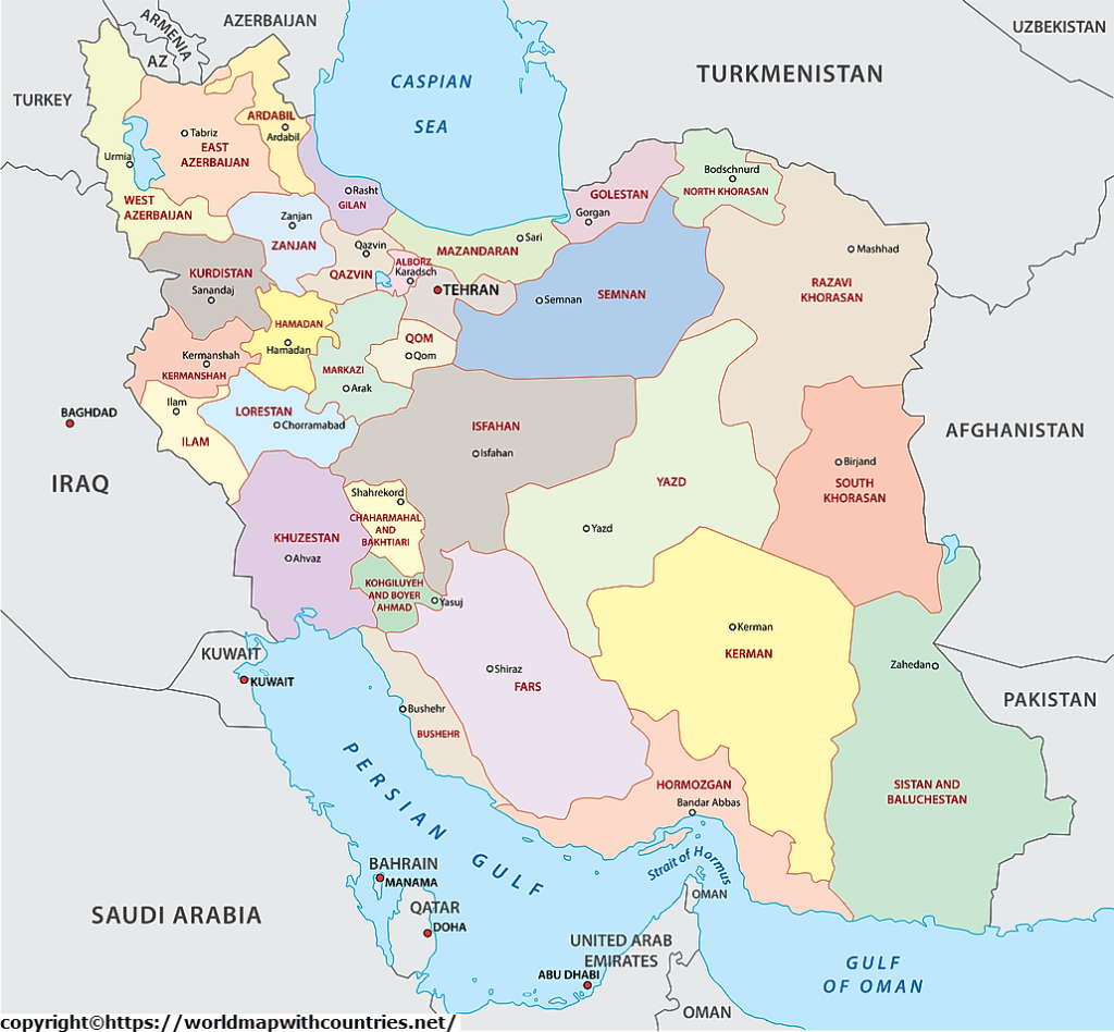 Free Printable Labeled And Blank Map Of Iran In PDF
