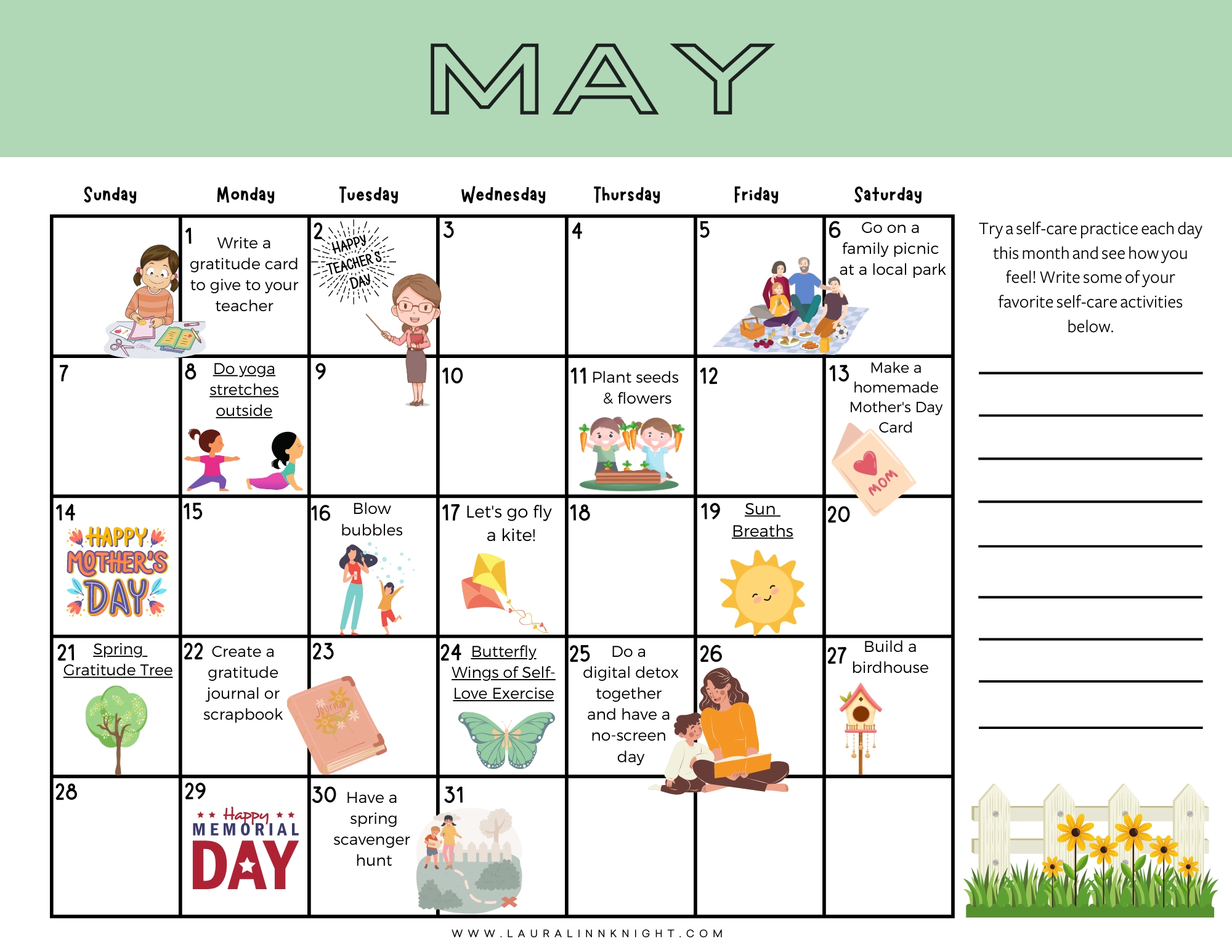 Free Printable May 2023 Kids Self Care Calendar Laura Linn Knight