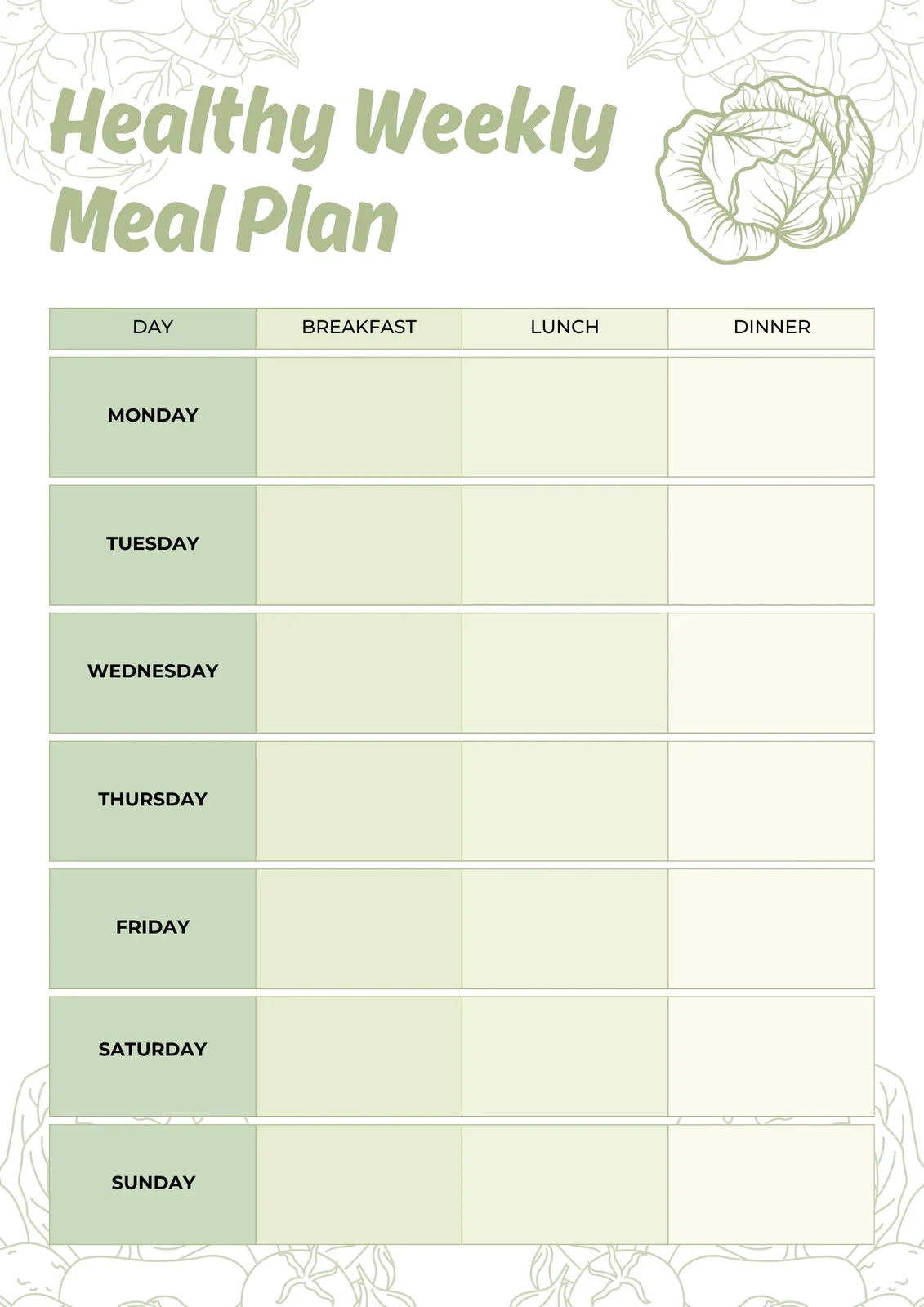Printable Meal Calendar Template