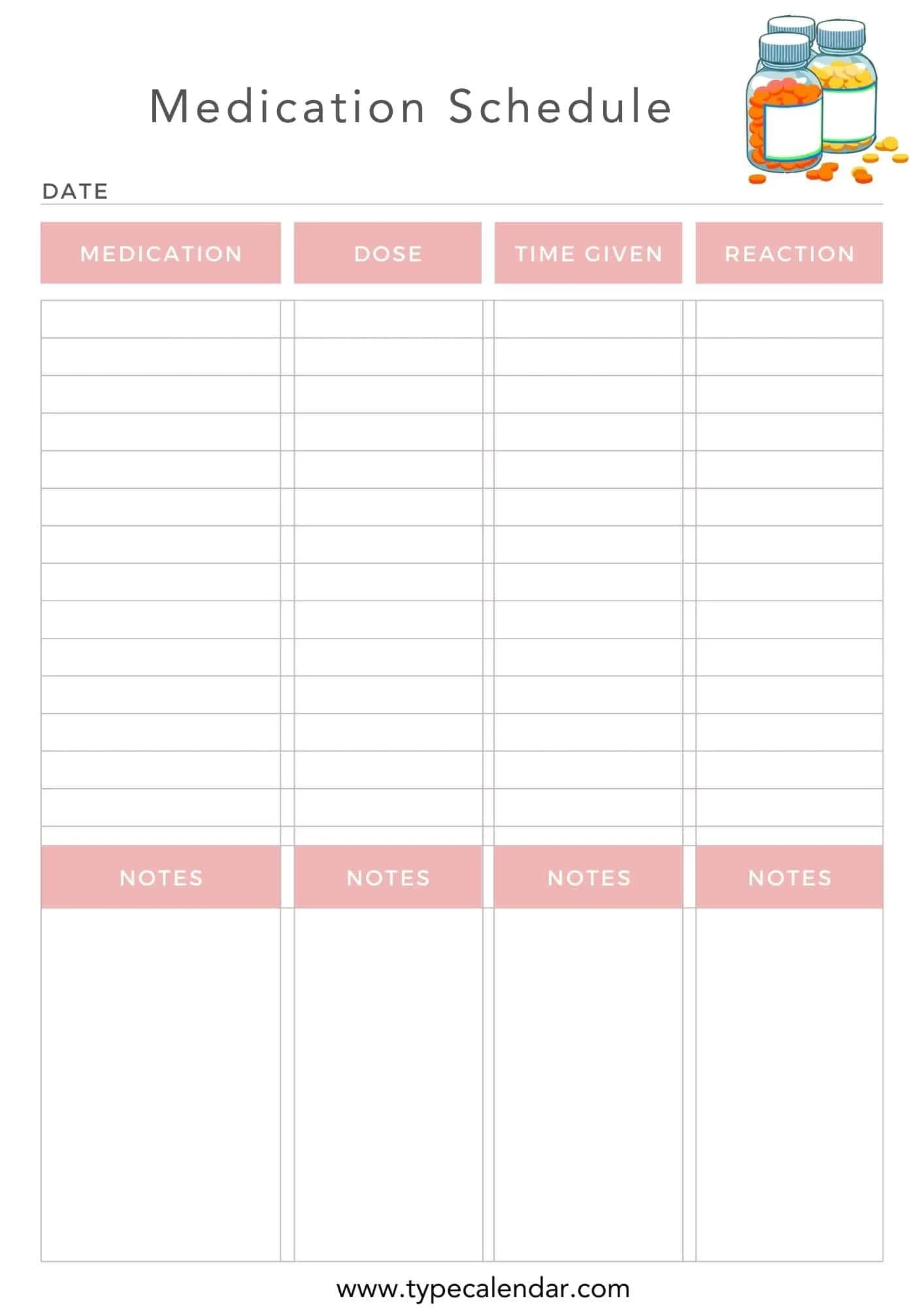 Free Printable Medication Schedule Templates 2 3 4 Times A Day Chart