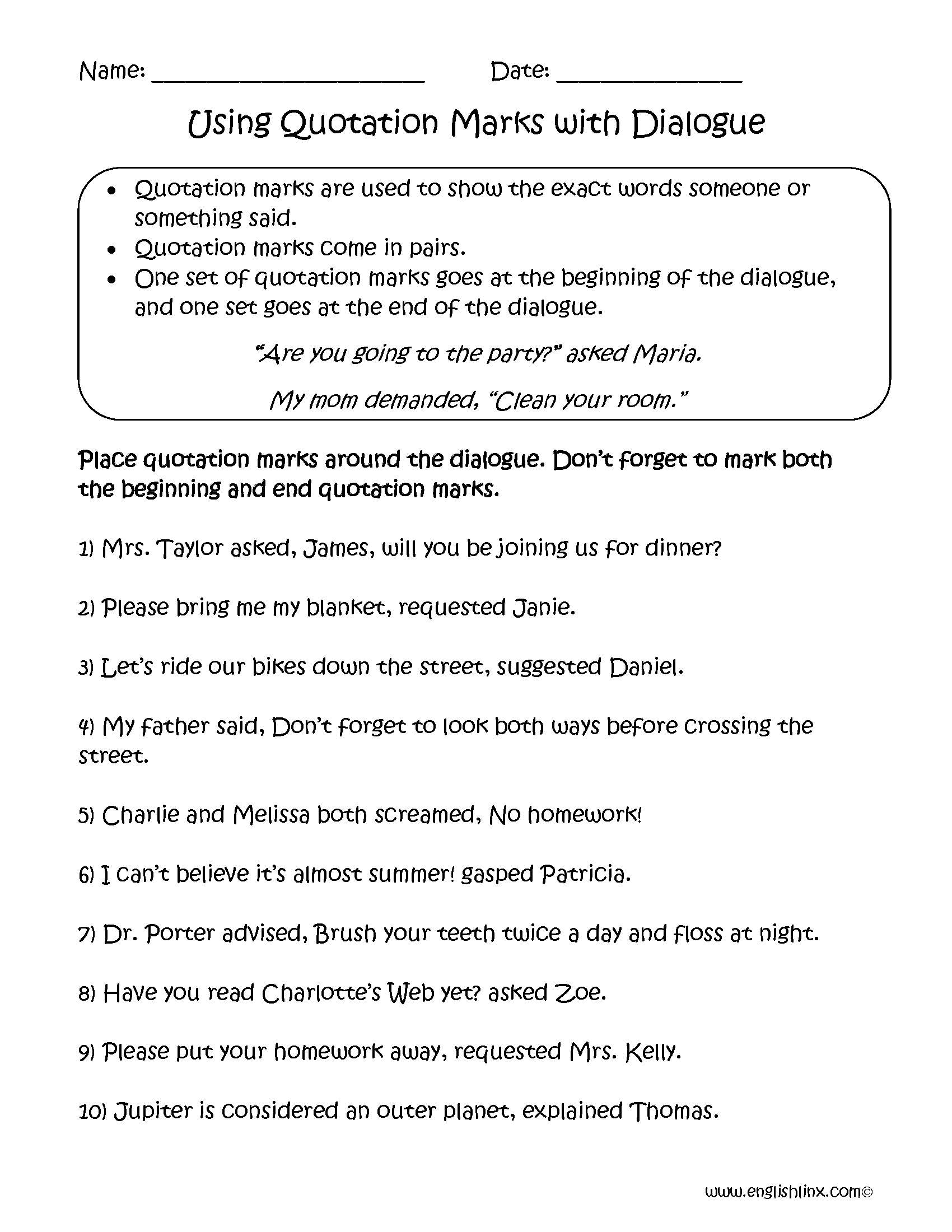 Free Quotation Marks In Dialogue Worksheet Download Free Quotation Marks In Dialogue Worksheet Png Images Free Worksheets On Clipart Library