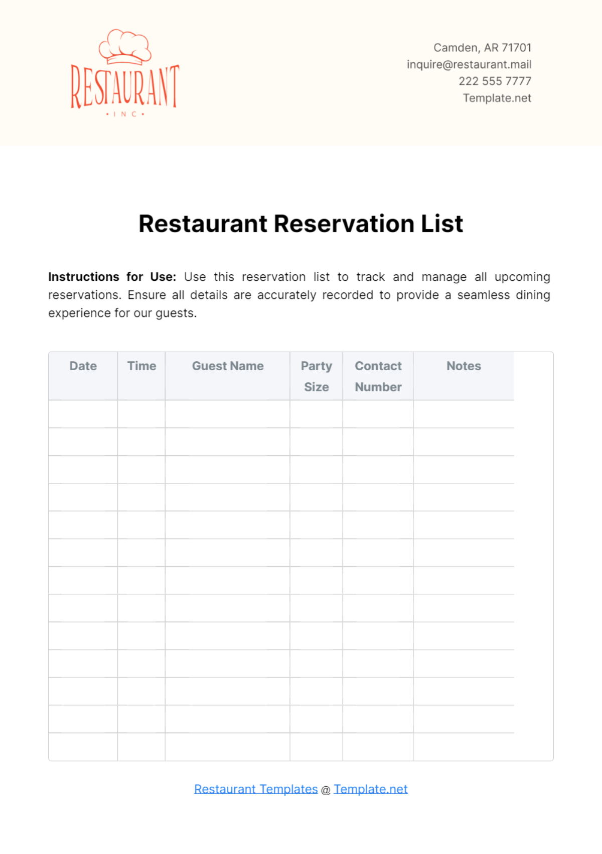 Free Restaurant Reservation List Template To Edit Online Free Restaurant Reservation List Template To Edit Online
