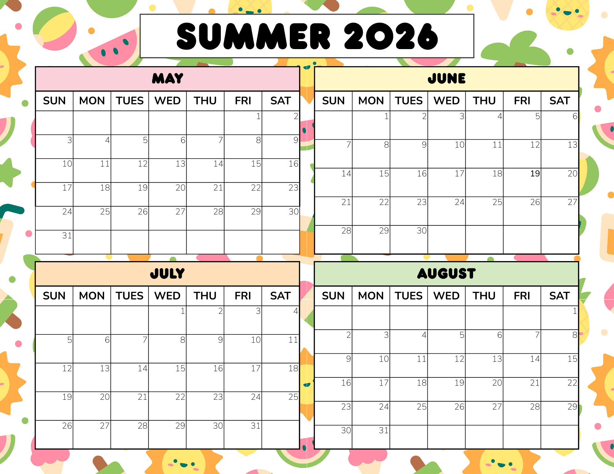 Printable Summer Calendar 2026