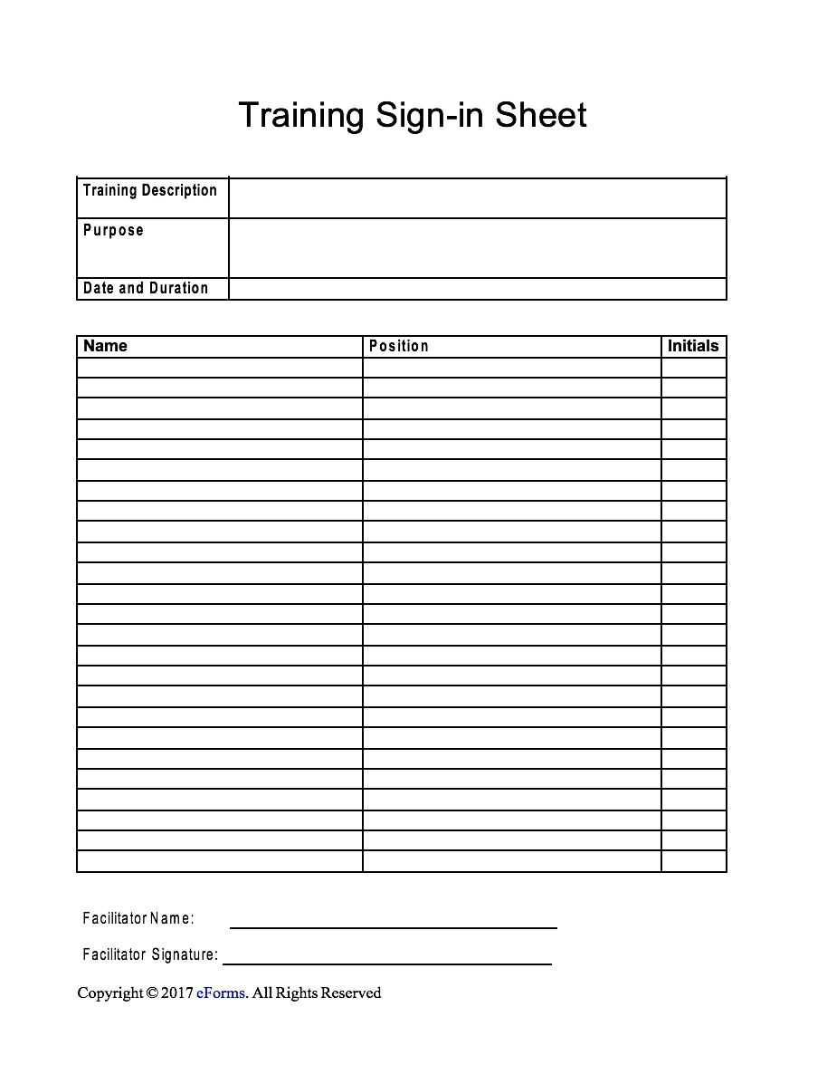 Printable Training Sign In Sheet