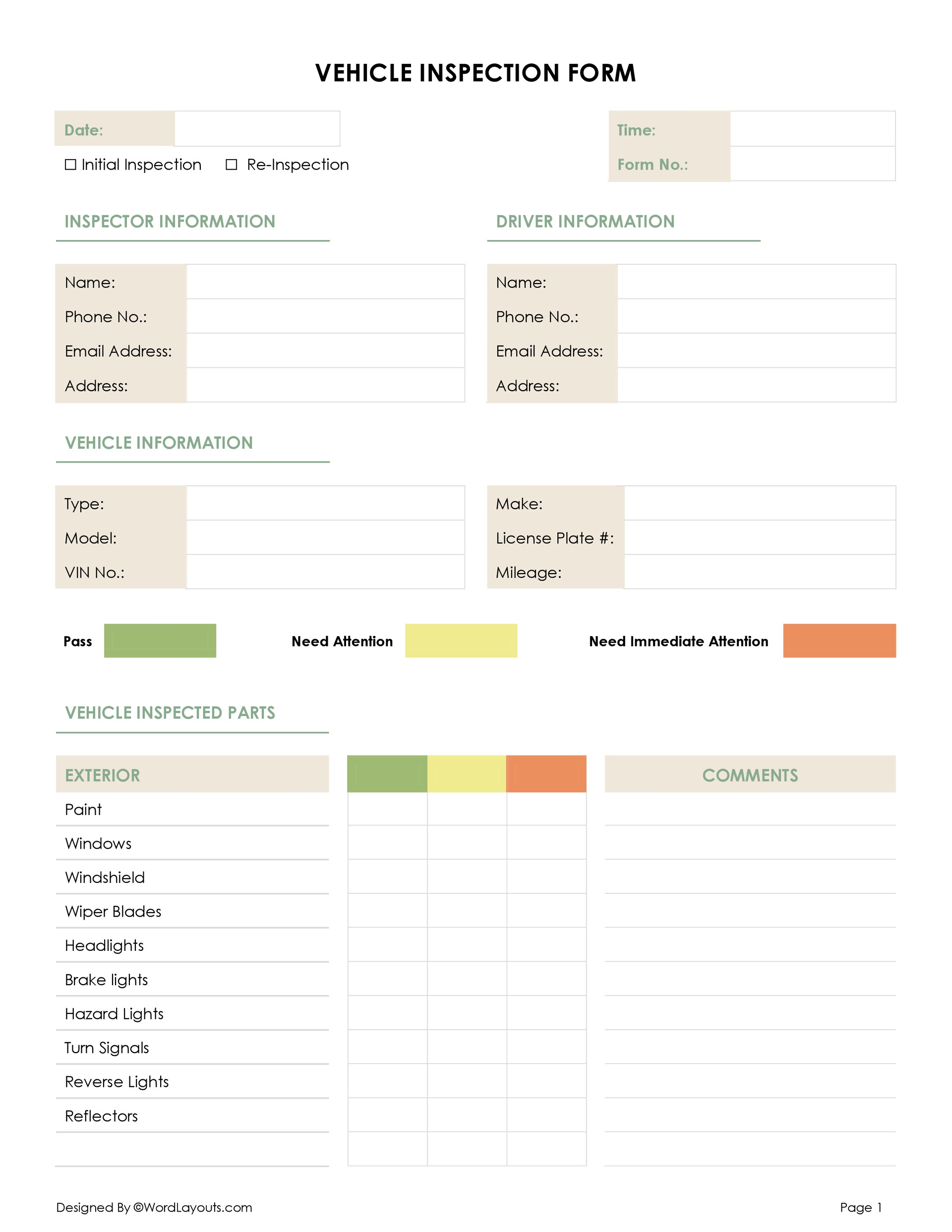Free Vehicle Inspection Form Template WordLayouts