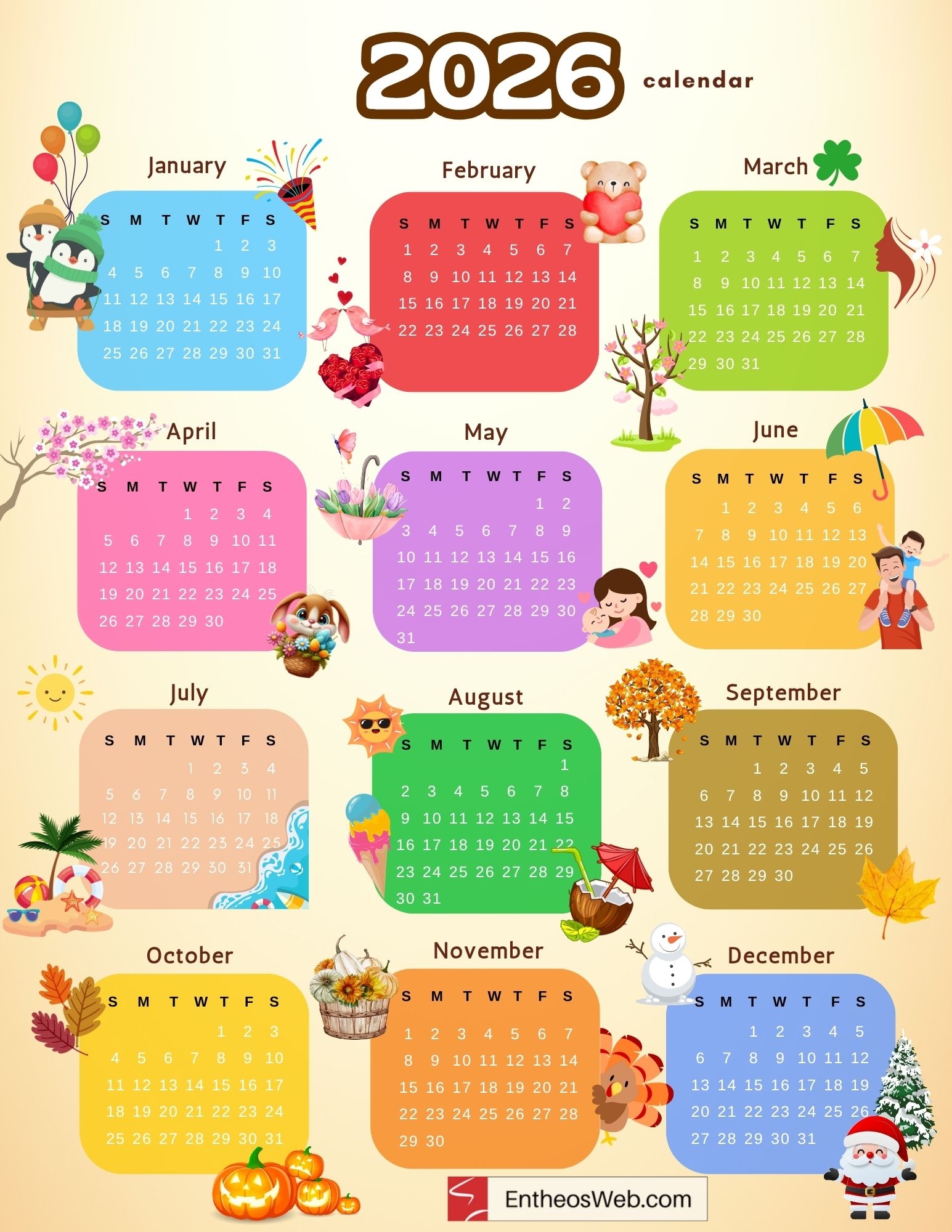 Full Year Printable 2026 Calendar Free 12 Month One Page Calendars EntheosWeb