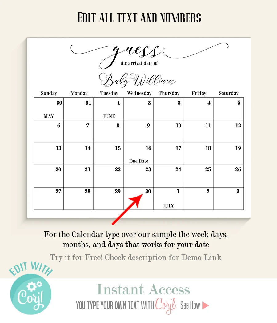 Guess The Due Date Calendar Printable