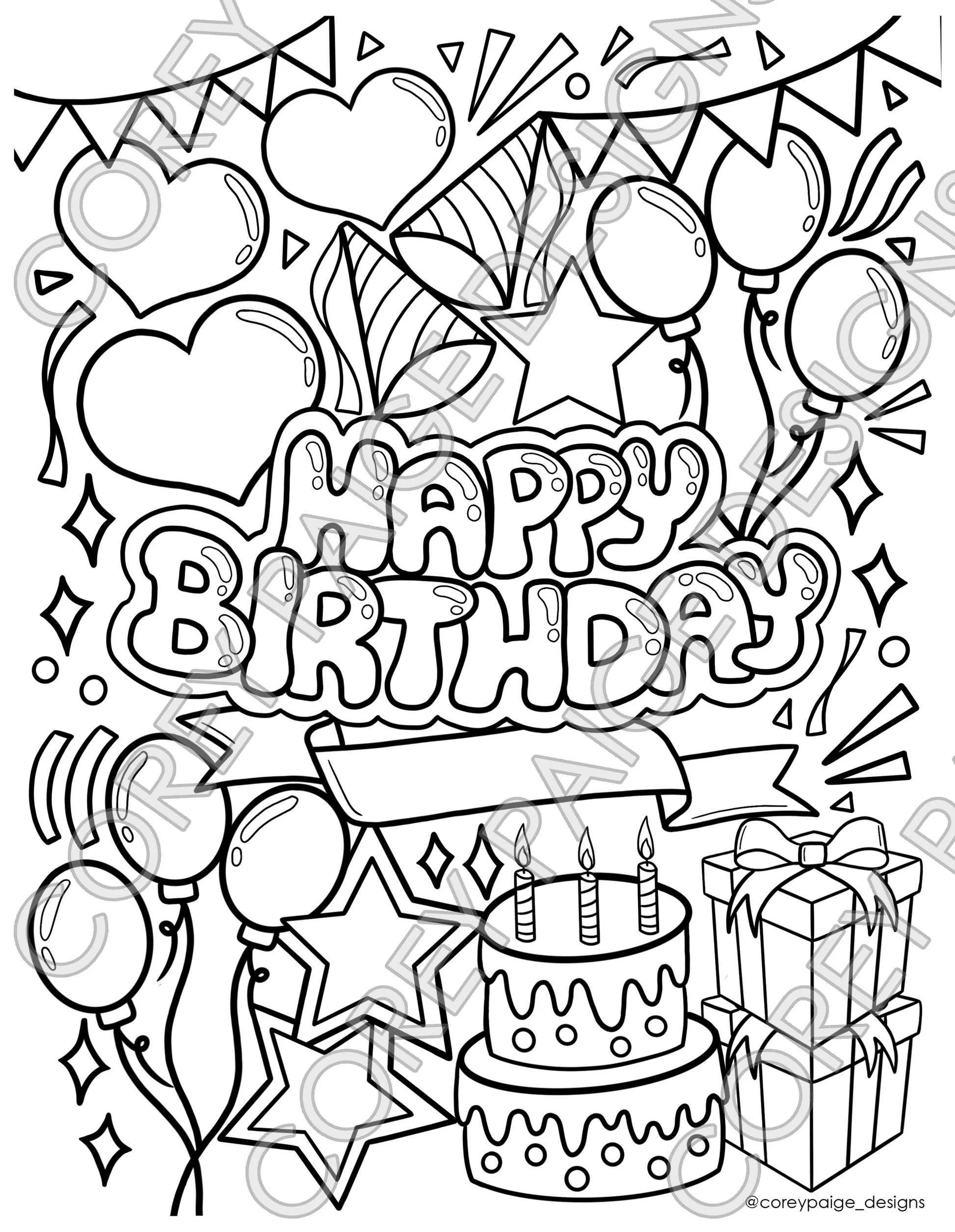 Happy Birthday Coloring Sheet CoreyPaigeDesigns