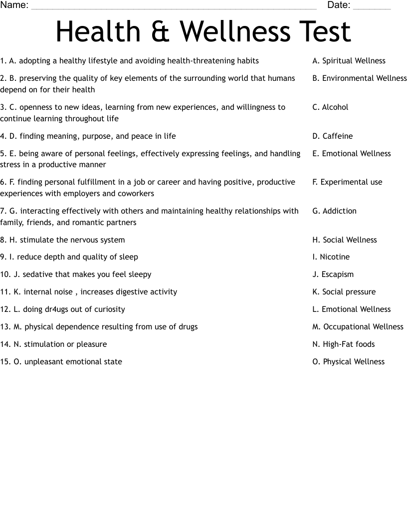 Health Wellness Test Worksheet WordMint Health Wellness Test Worksheet WordMint