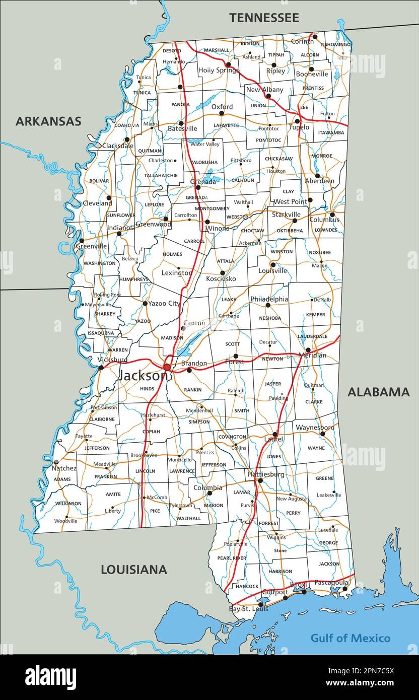 High Detailed Mississippi Road Map With Labeling Stock Vector Image Art Alamy