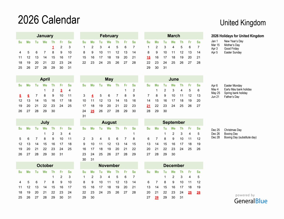 Holiday Calendar 2026 For United Kingdom