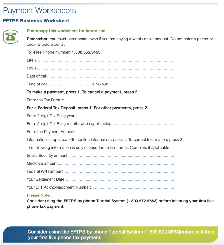 Eftps Business Phone Worksheet Printable