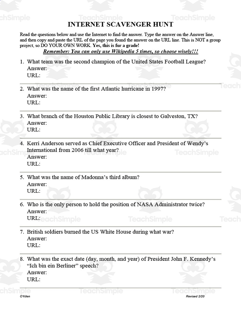 Printable Internet Scavenger Hunt Worksheet