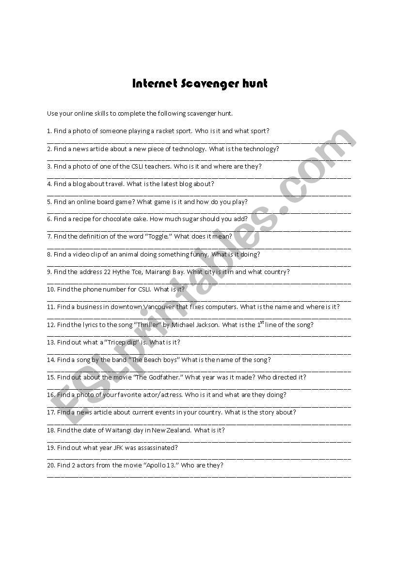 Internet Scavenger Hunt ESL Worksheet By Pyes Worksheets Library