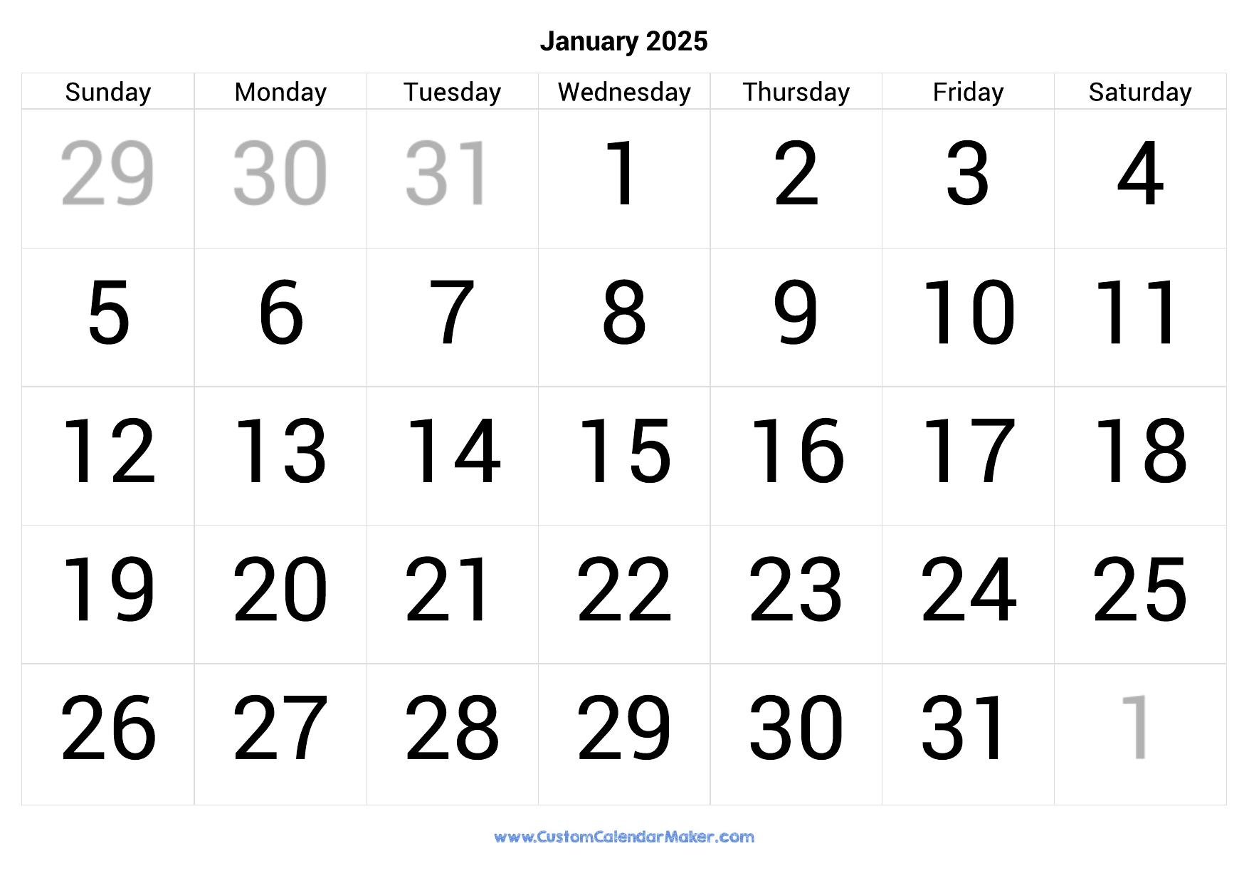 Large Number Calendar Printable